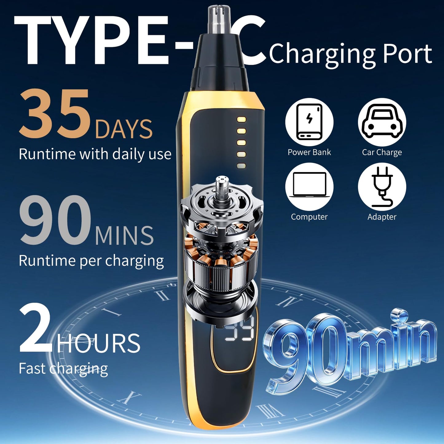 Mendaping Nose and Ear Hair Trimmer for Women Men,2 in 1 LED Display Eyebrow Hair Trimmer with USB Rechargeable,Portble Waterproof Facial Hair Removal with Dual-Edge Blades for Travel (Black Gold)