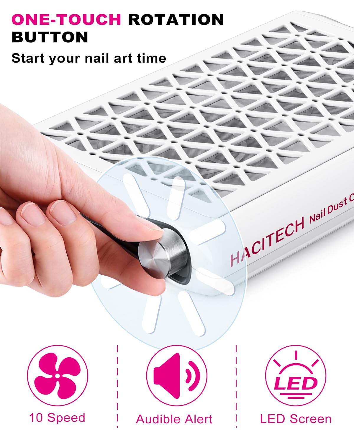 HACITECH Nail Dust Collector | 1600PA Strong Suction, 10-Level Adjustable Speed, 30 Filter Paper Included | Salon & Home Dust Collector Nail Tech