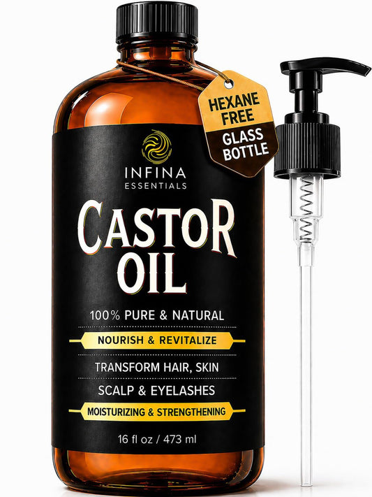 INFINA ESSENTIALS Pure Cold Pressed Castor Oil - Hexane Free, Glass Bottle for Hair Growth, Face, Scalp, Skin & Eyelashes - Nourishing and Moisturizing - 16 fl oz