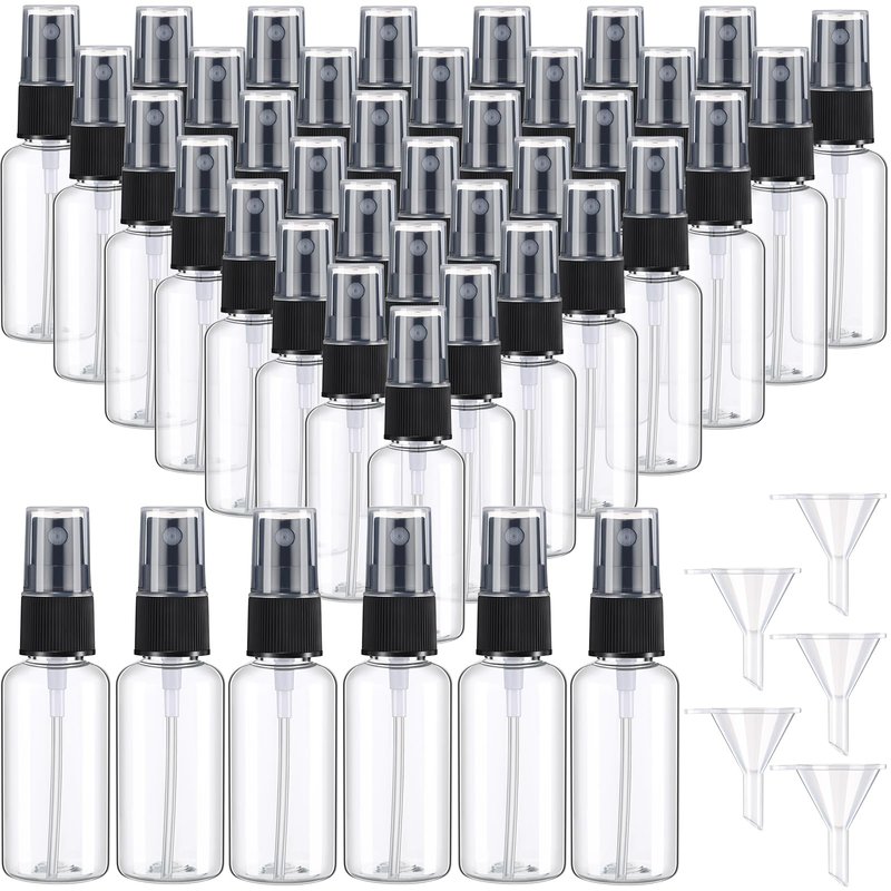 Maxcheck 100 Pcs Mini Clear Spray Bottles 1 oz Plastic Empty Travel Bottle Fine Mist Small Spray Containers with 5 Pcs Funnels Refillable Liquid Travel Container for Perfume Skin Toner (Black)