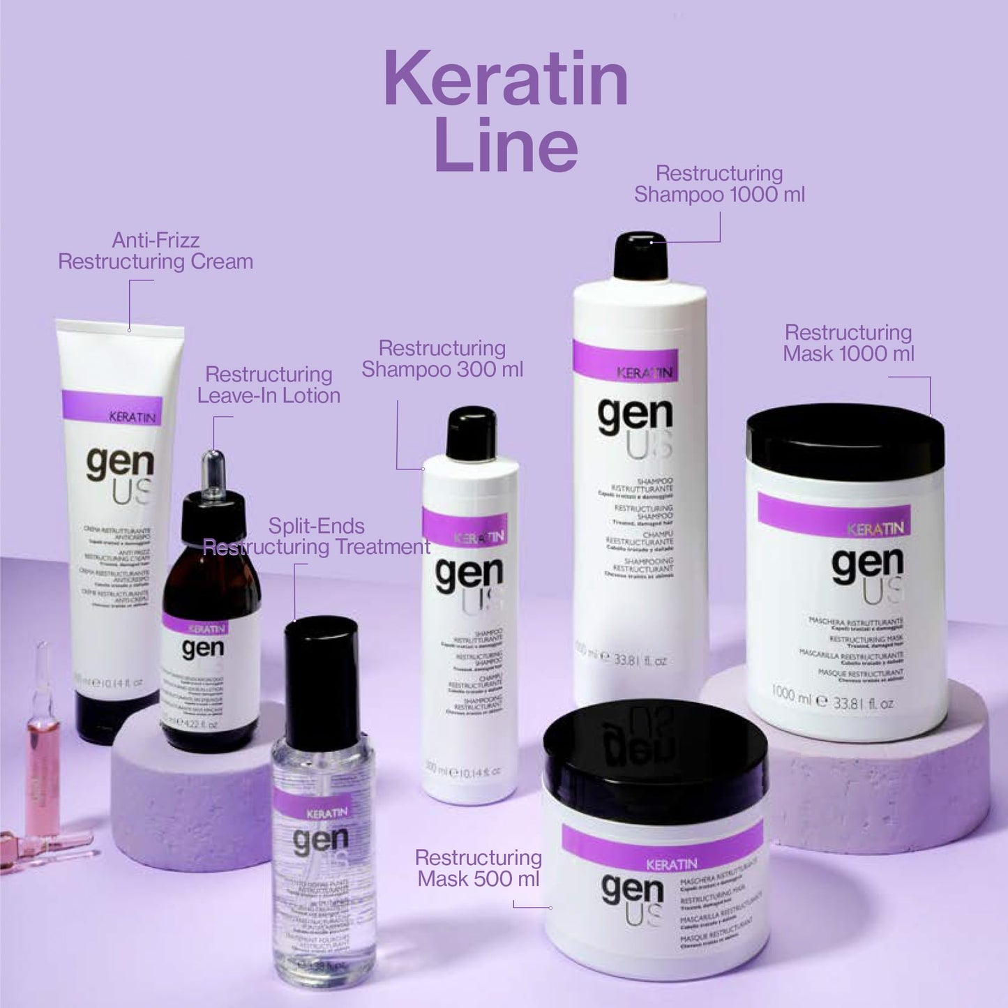 GENUS Keratin Anti-Frizz Cream - Restructuring Hair Cream Enriched with Ginseng, Styling, Frizz Control, Bestows Hydration & Softness, Suitable for Damp & Dry Hair - 300ml