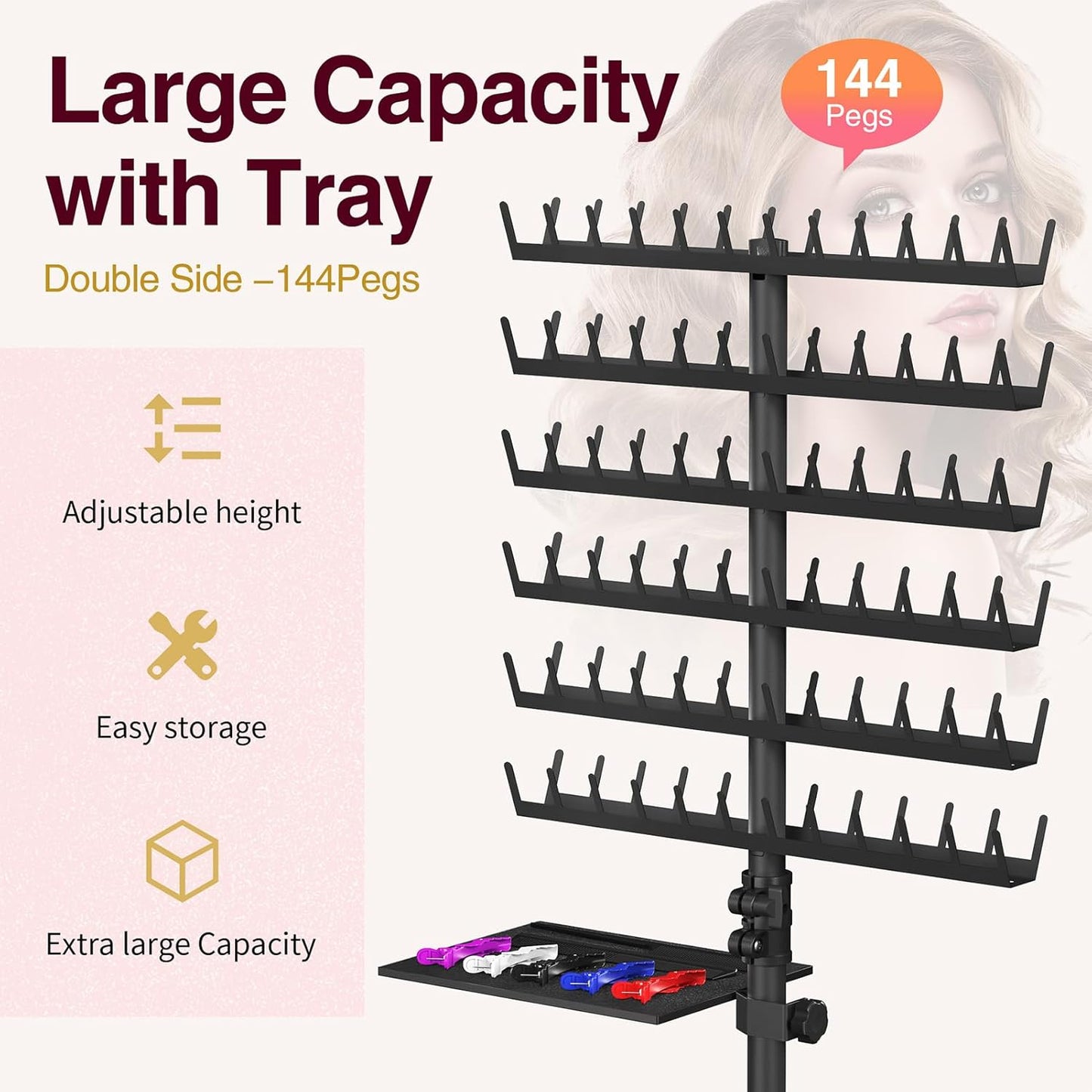 Braiding Hair Rack Stand - Heavy Duty 2-Sided Holder with 144 Pegs | Adjustable Height & Storage Bag