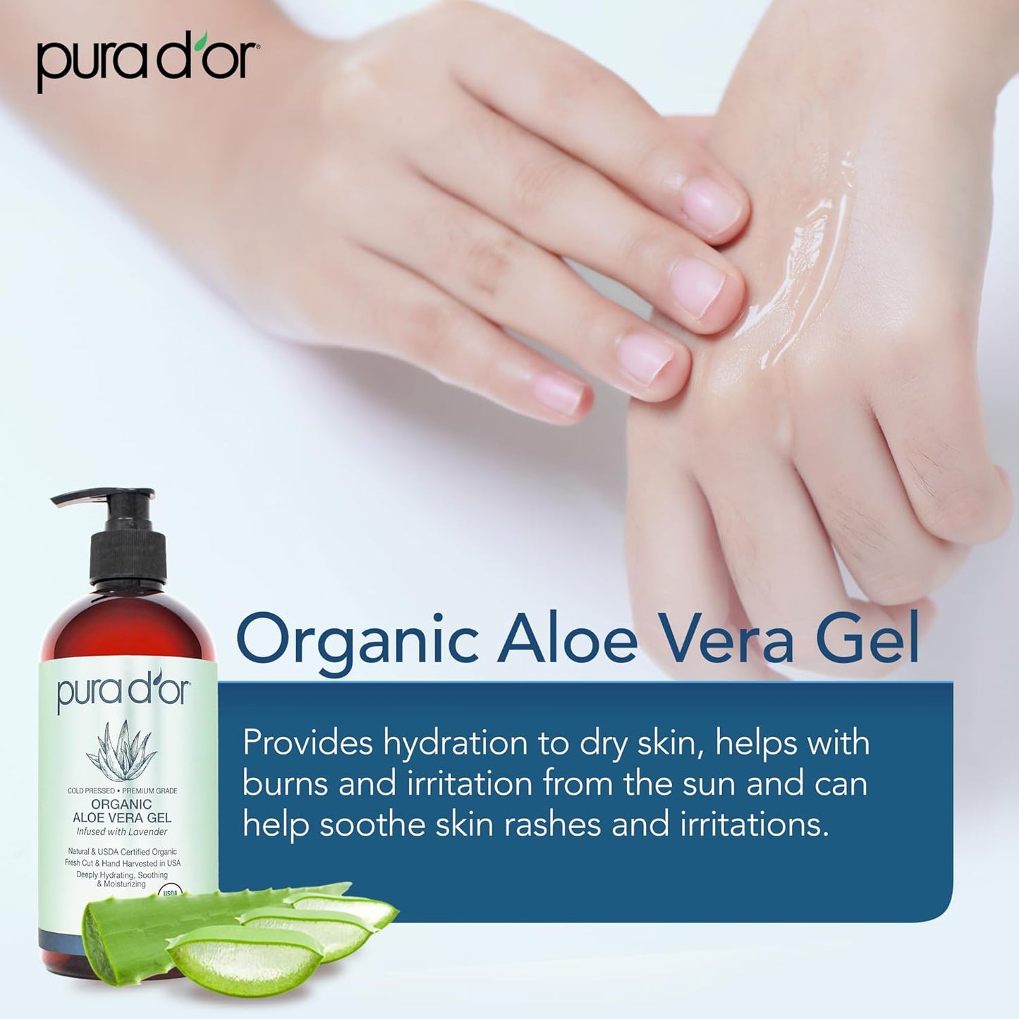 PURA D'OR Organic Aloe Vera Gel - Lavender Hydration for Skin & Hair | 16 Oz - All Natural, No Preservatives