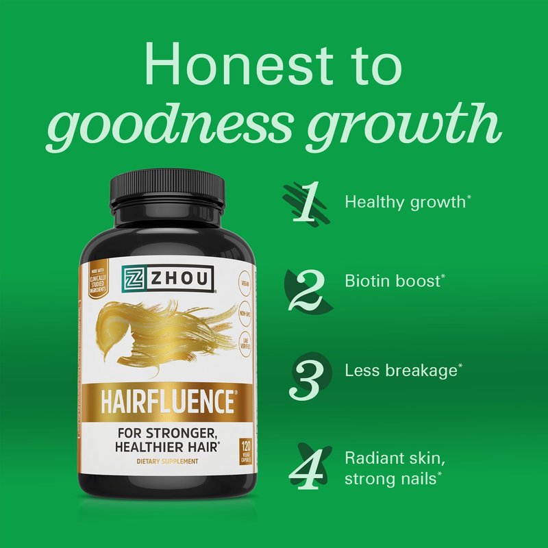 Zhou Hairfluence - Vegan Biotin Supplement for Hair Growth for Men & Women, Supports Stronger, Healthier Hair, Nails, & Glowing Skin with Lustriva & B Vitamin Complex - 120 Veggie Capsules (Pack of 1)