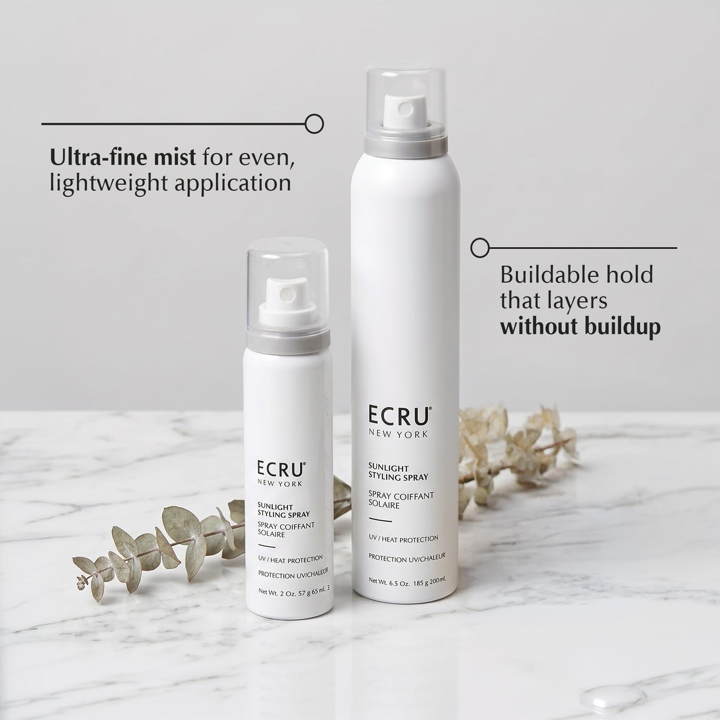 Ecru New York Sunlight Styling Spray, Hairspray Flexible Hold, Hair Styling Heat Protectant Spray, 6.5oz