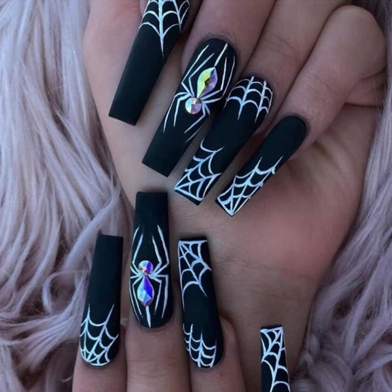 Black Halloween Press on Nails Long with Spider Web Designs, Full Cover Halloween Fake Nails Glossy Halloween Glue on Nails Long Halloween Nails for Women, 24 Pcs