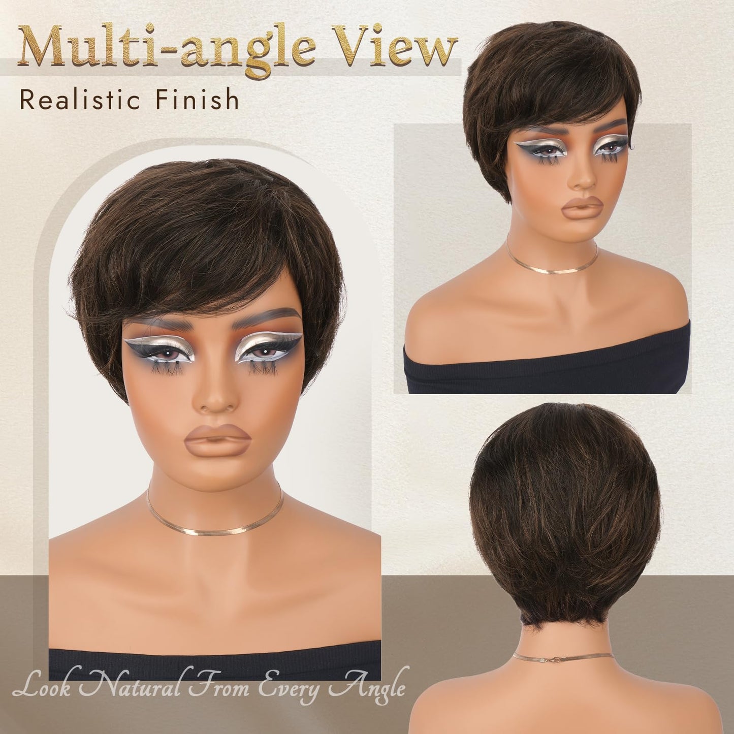 RUWISS Pixie Cut Wig Human Hair – Short Wigs for Black Women with Bangs, Natural Layered Wavy Wig, Glueless（1B/4#0829）