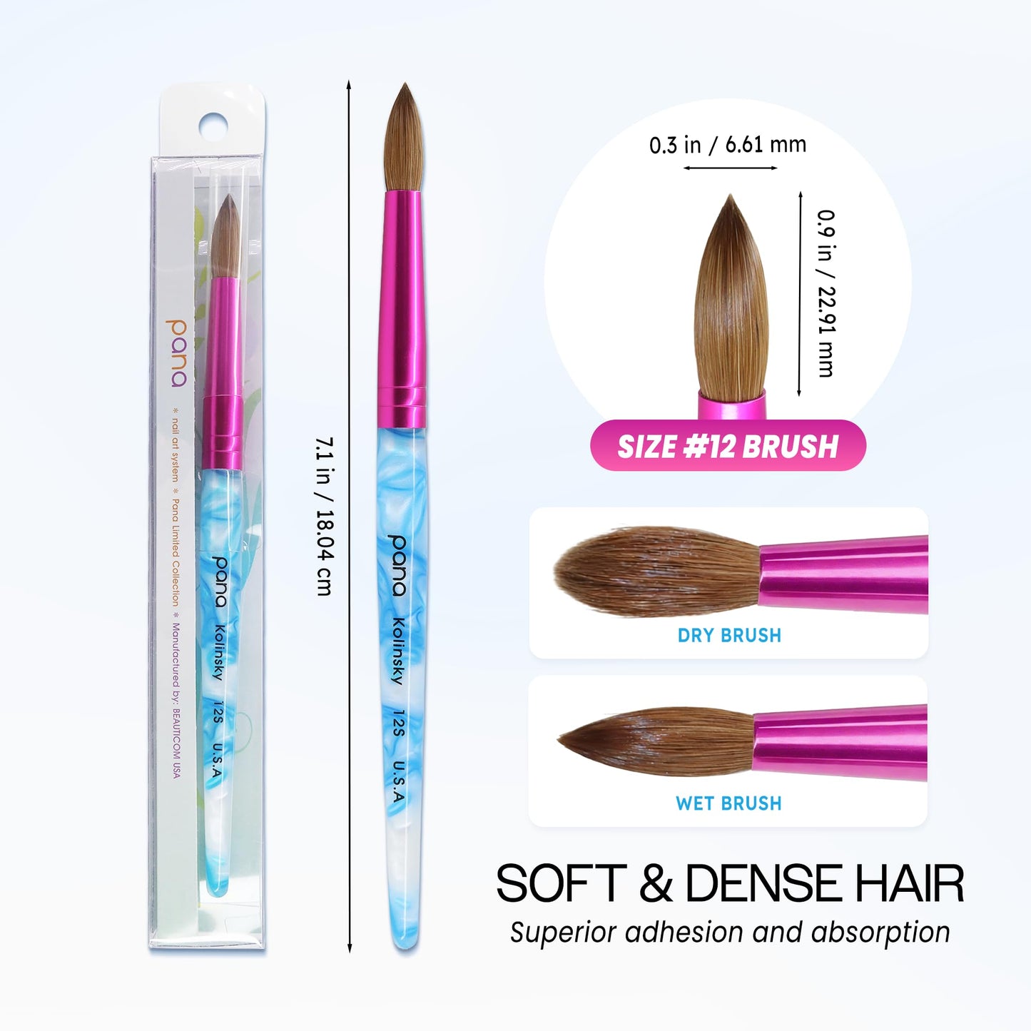 PANA USA Acrylic Nail Brush Pure Kolinsky Hair Acrylic White Swirl Blue Handle with Pink Ferrule Round Shaped - Size 12