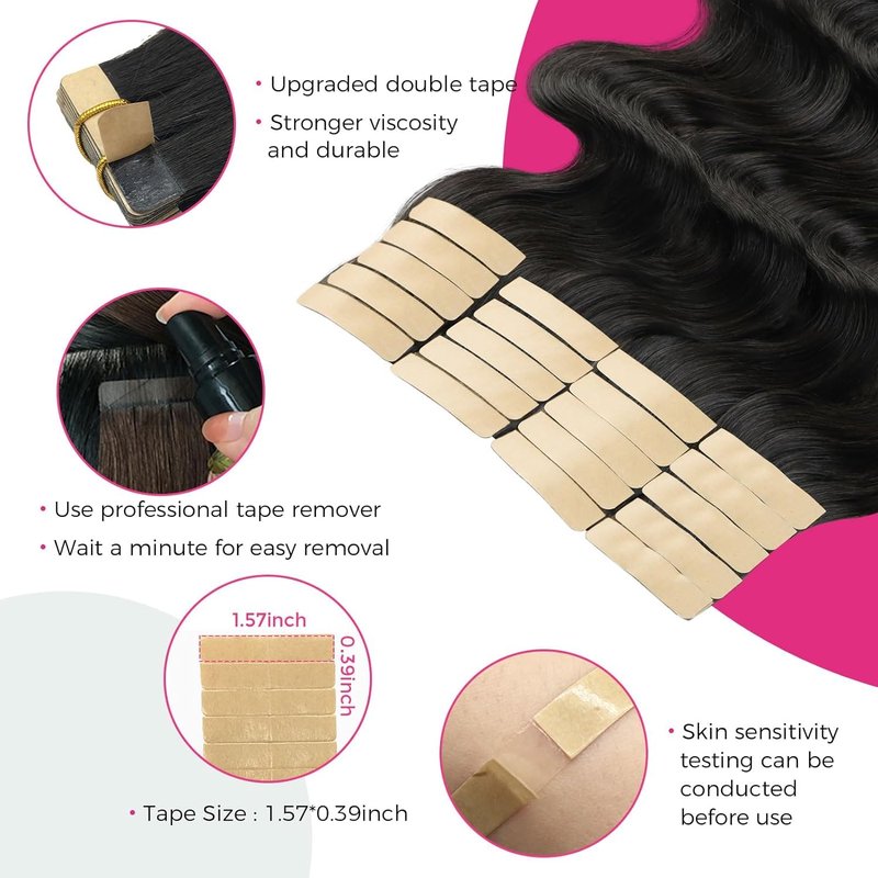 Tape In Hair Extensions - Body Wave 100% Remy Human Hair | 14 Inch Natural Black, 50g/Pack (20 Pieces)
