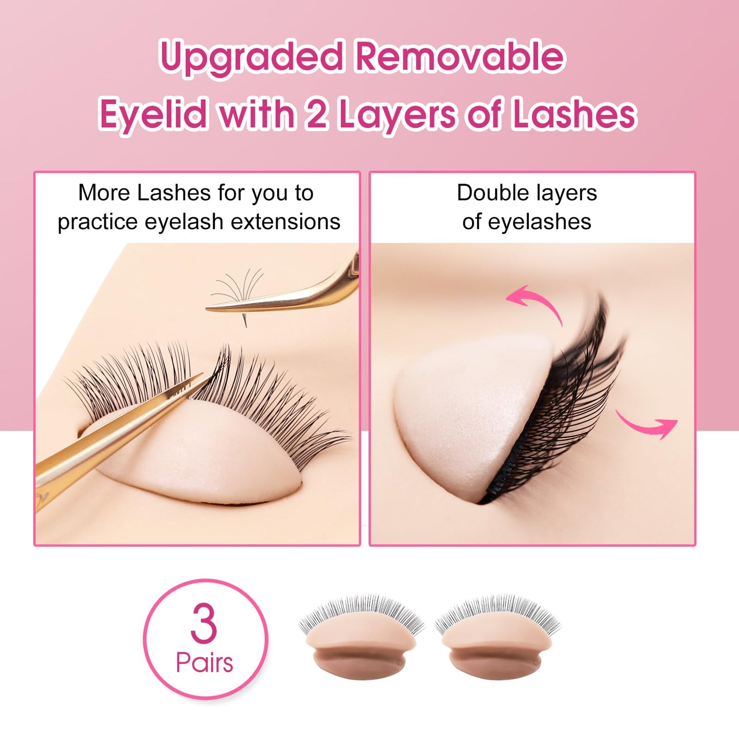 Miuffue 3 Pairs 2 Layers Eyelash Practice Eyelids for Mannequin Head, Silicone Rubber Removable Realistic Eyelash Extension Eyelids for Lash Training