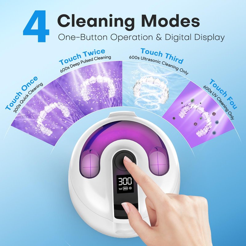 Cordless Ultrasonic Retainer Cleaner Machine, MEKO Rechargeable Denture Cleaner with 4000mAh Battery, 48kHZ, IPX5 Waterproof Dental Pod for Aligner, Braces, Jewelry, Toothbrush Head-White