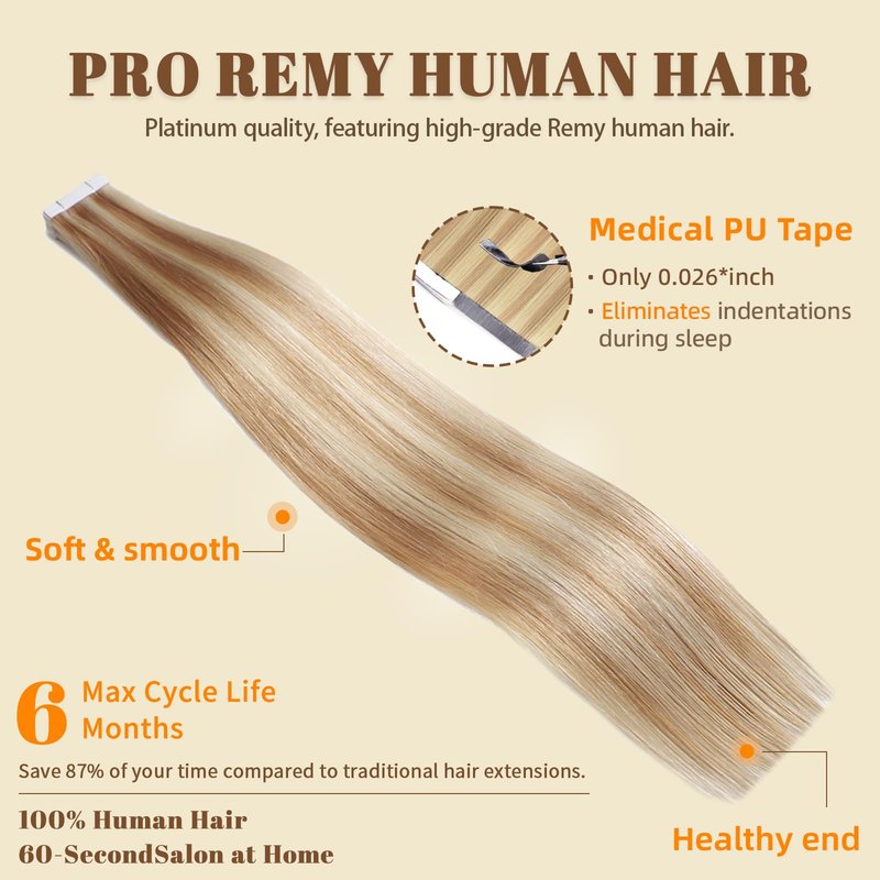 DNE Tape in Hair Extensions Real Human Hair 16 inches 20Pcs/50g/Pack Seamless #27/613 Light Color Straight Invisible Double Sided Tape in Hair Extensions for Women/Girls Can Bleached and Curl