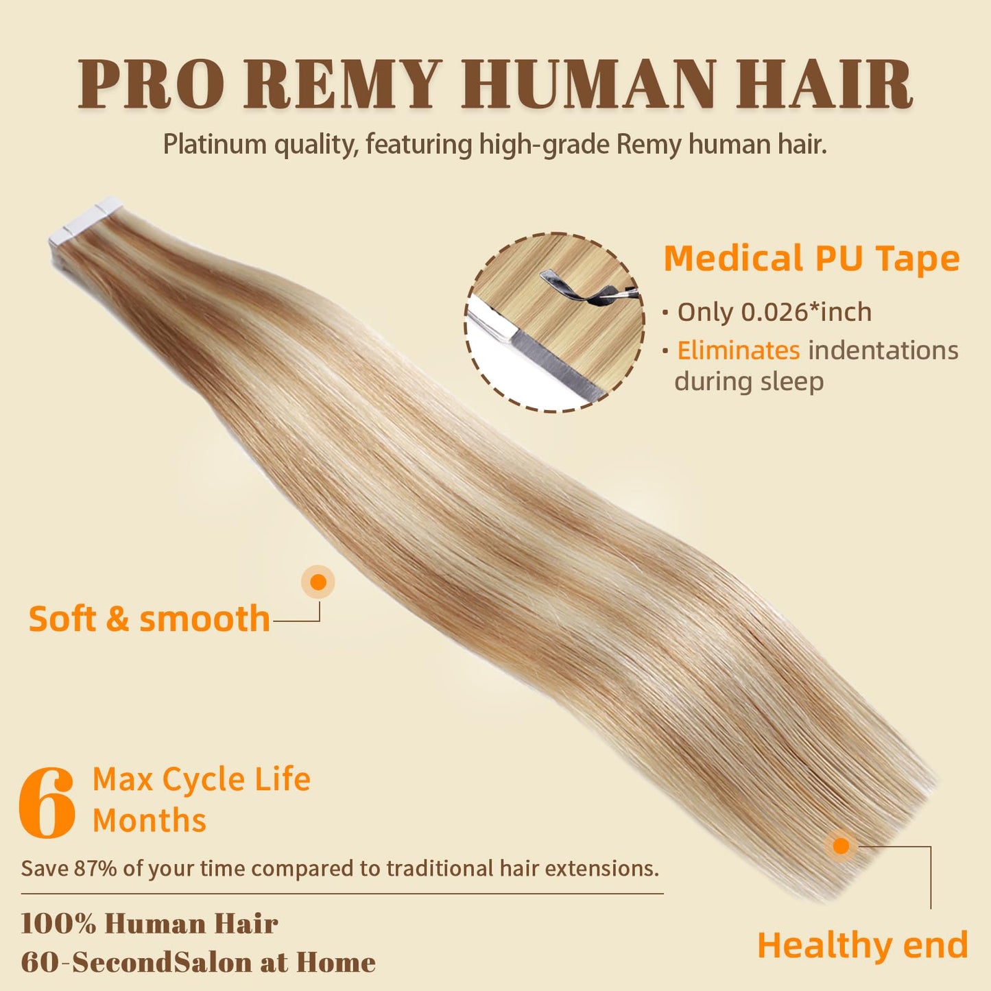 DNE Tape in Hair Extensions Real Human Hair 16 inches 20Pcs/50g/Pack Seamless #27/613 Light Color Straight Invisible Double Sided Tape in Hair Extensions for Women/Girls Can Bleached and Curl