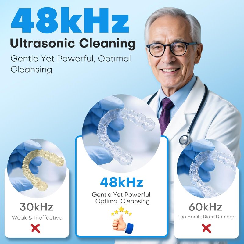 Cordless Ultrasonic Retainer Cleaner Machine, MEKO Rechargeable Denture Cleaner with 4000mAh Battery, 48kHZ, IPX5 Waterproof Dental Pod for Aligner, Braces, Jewelry, Toothbrush Head-White