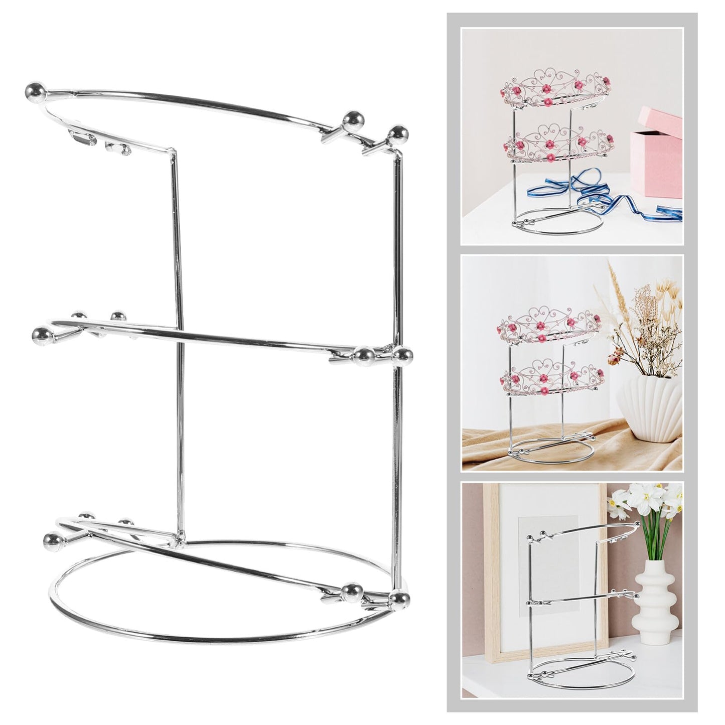 HOLIDYOYO Crown Display Stand Three-Tier Metal Tiara Holder Rack for Wedding Bridal Headbands Hair Accessories Organizer 7.55X5.51X5.51 Inches