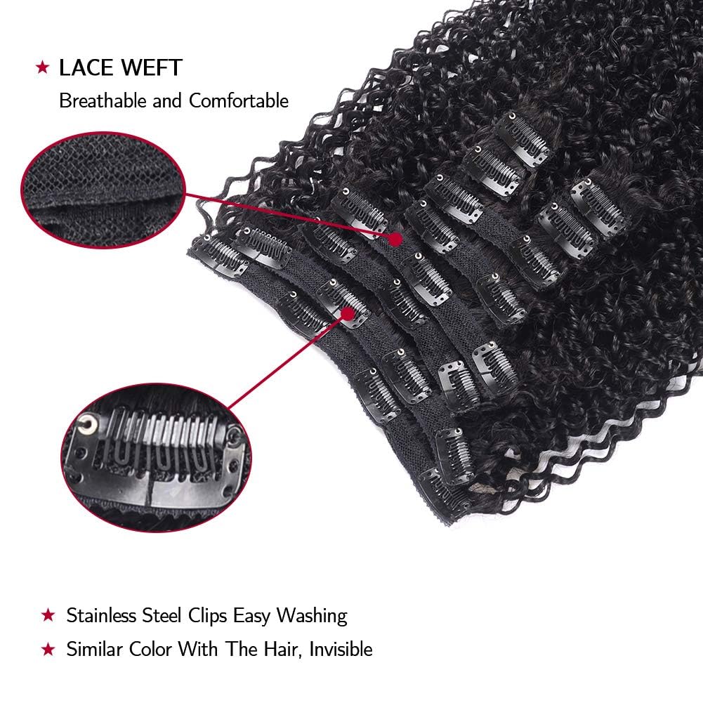 14 Inch Kinky Curly Clip ins Human Hair 110g 8pcs 20 Clips 3C 4A Curly Clip In Hair Extensions Real Human Hair Brazilian Virgin Hair Full Head for Women Natural Black