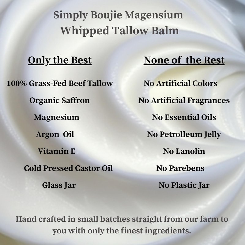 Simply Boujie Whipped Magnesium Tallow Butter 4oz Bedtime Body Balm 100% Grass Fed Tallow Unscented Moisturizer Hydrating Relaxing Balm with Saffron Rosehip Castor Oil Vitamin E