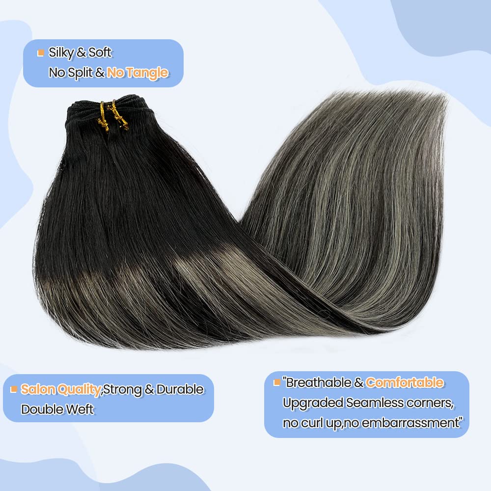 Silver Sew in Hair Extensions 14 Inch 80Gram Weft Hair Extensions Balayage Human Hair Extensions Hair Wefts Color #1B/Silver/1B Off Black Mixed with Silver Remy Straight Hair Weave Bundles Real Hair