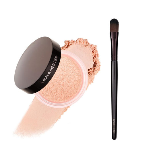 Laura Mercier Secret Brightening Under-Eye Loose Setting Powder, Peach + Pink Pigments to Brighten the Under Eye, Color Correct Discoloration, Sets & Extends Concealer and Brush Bundle