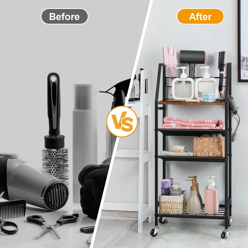 OYEAL Bathroom Storage Cart with Wheels Rolling Bathroom Shelves Slim Freestanding Bathroom Towel Storage Organizer with Hair Tool Holder for Small Spaces, Rustic Brown