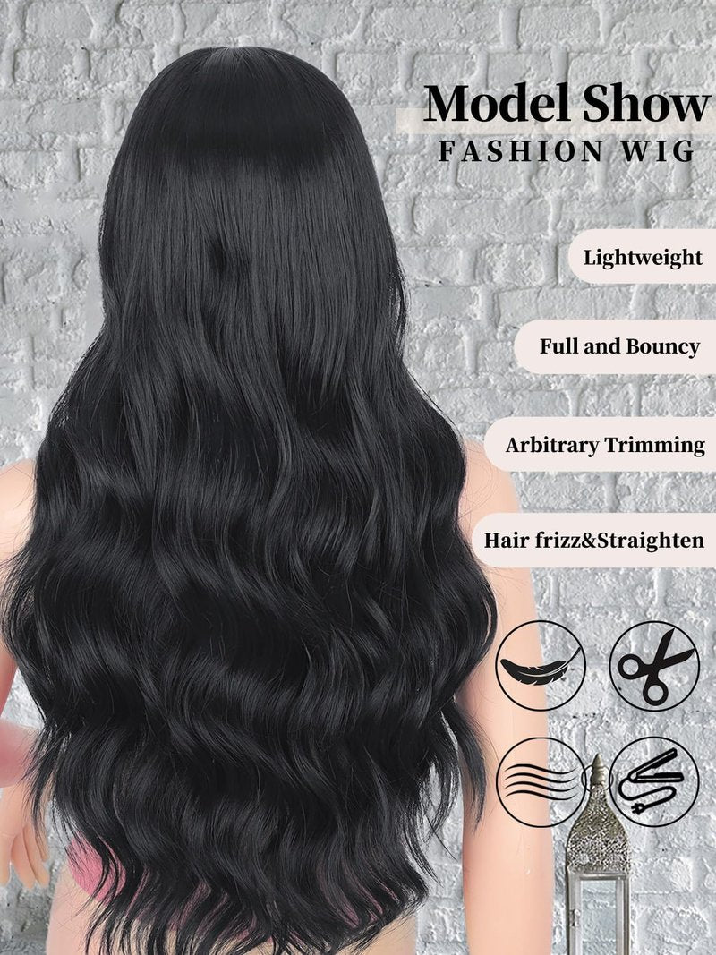 Long Black Wigs for Women - 26 Inch Curly Wavy Synthetic Hair with Lace Hairline | Natural Looking Daily Wear