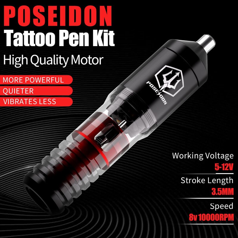 POSEIDON Cordless Rotary Tattoo Machine Kit with 20 Tattoo Cartridge Needles, Ink Set & 2 Rechargeable Batteries | Professional Portable Tattoo Gun for Beginners | Complete Starter Supplies(HM073)