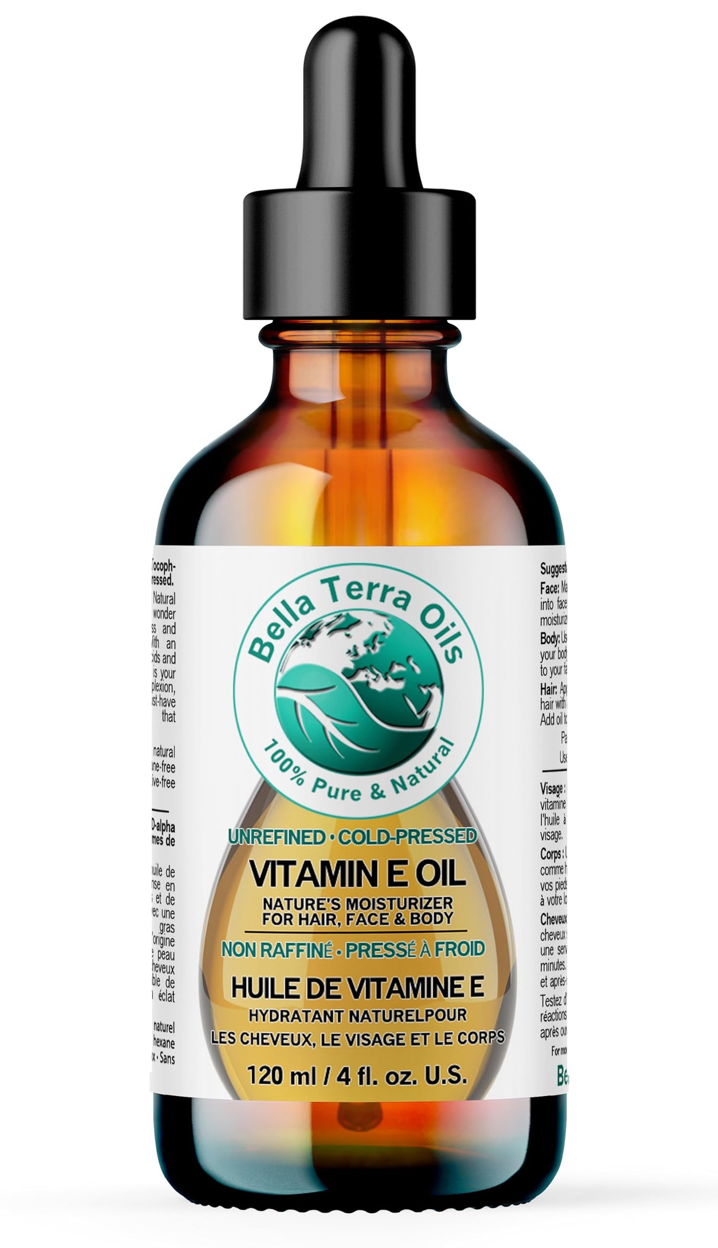 Bella Terra Oils Natural Vitamin E Oil 4oz – Wheat Germ Derived Vitamin E Oil for Soft, Healthy-Looking Skin