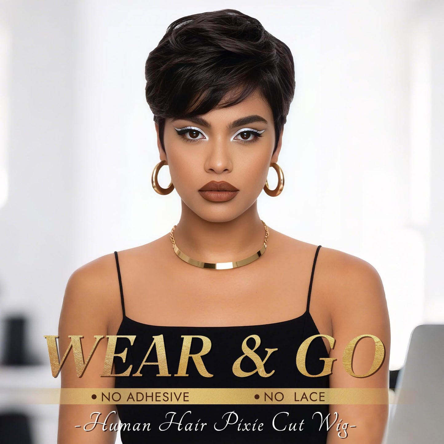 RUWISS Pixie Cut Wig Human Hair – Short Wigs for Black Women with Bangs, Natural Layered Wavy Wig, Glueless（1B/4#0829）