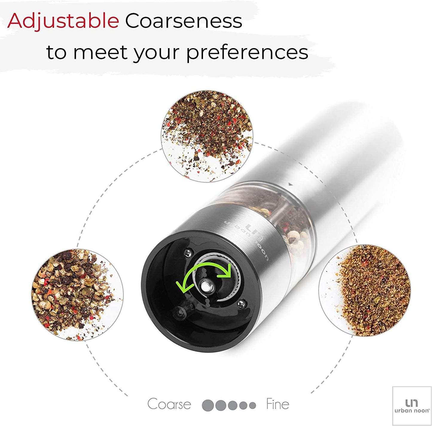 Urban Noon Electric Salt and Pepper Grinder Set (2 Mills, 8.1" Tall) - One-Handed Push-Button Mills with LED Light, Adjustable Ceramic Coarseness, Gift-Ready Box, 1-Year Warranty - Stainless Steel