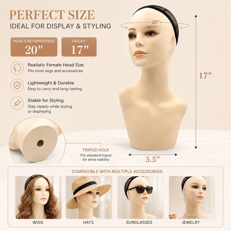 17-inch Female Mannequin Head Form with Eyelashes and Lips Display Stand for Wigs, Hats, Jewelry