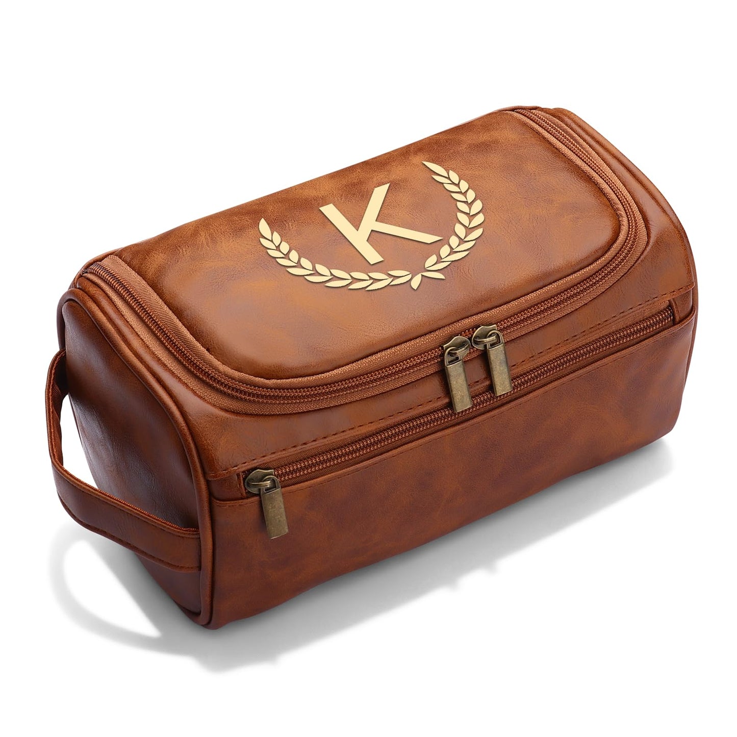 OXYEFEI Personalized Toiletry Bag for Men,Personalized Gifts for Men,Engraved Initial PU Leather Mens Toiletry Travel Shaving Travel Essentials Toiletries Bag for Him Birthday (K, Light Brown)