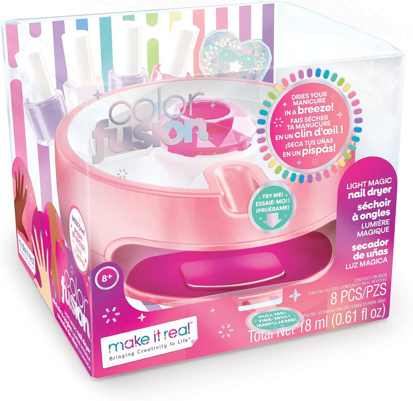 Color Fusion Light Up Nail Dryer - Kids Manicure Kit with 4 Polishes & Accessories | Ages 8+