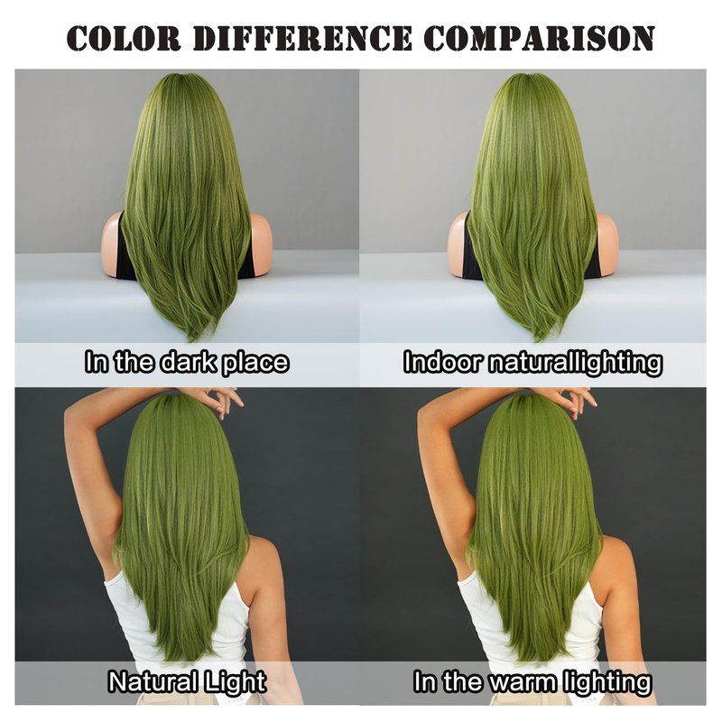 7JHH WIGS Long Straight Green Synthetic Wig with Bangs 25inch Layered Straight Middle Length Heart Resistant Synthetic Fiber Wig Natural Looking Wigs for Women Party Cospaly Wig and Daily Used