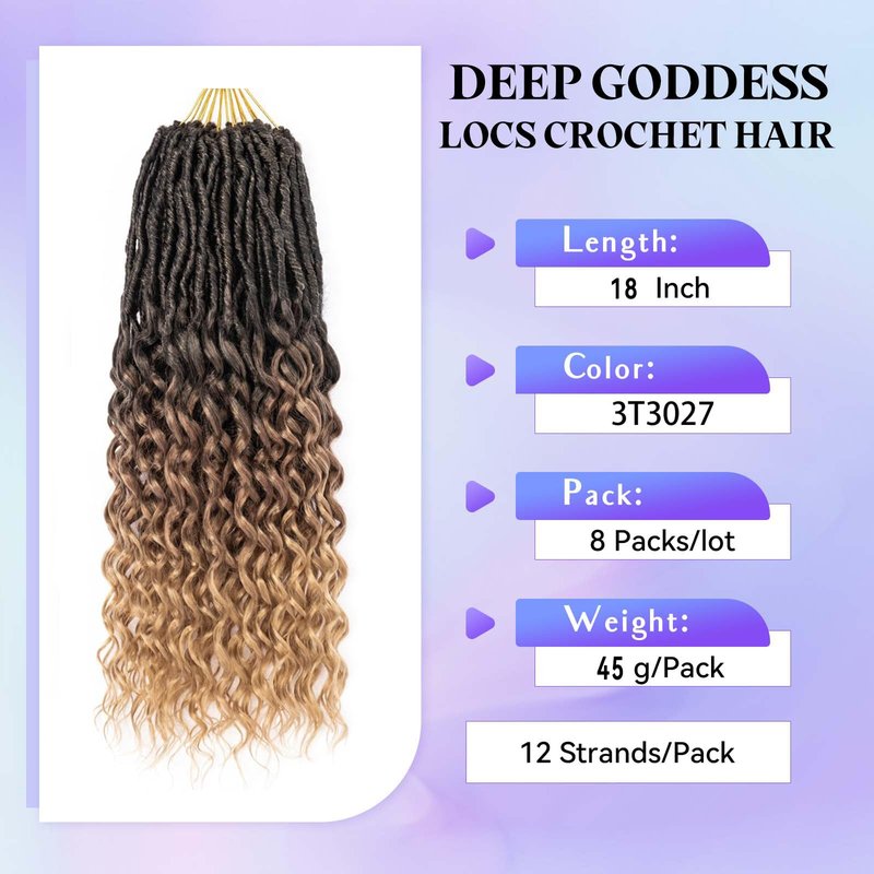 DoeSeor 18 Inch Goddess Locs Crochet Hair 8 Packs New Soft Faux Locs Crochet Braids Deep Wave Pre Looped Hair Extensions for Black Women(3T3027/8PCS/18inch)
