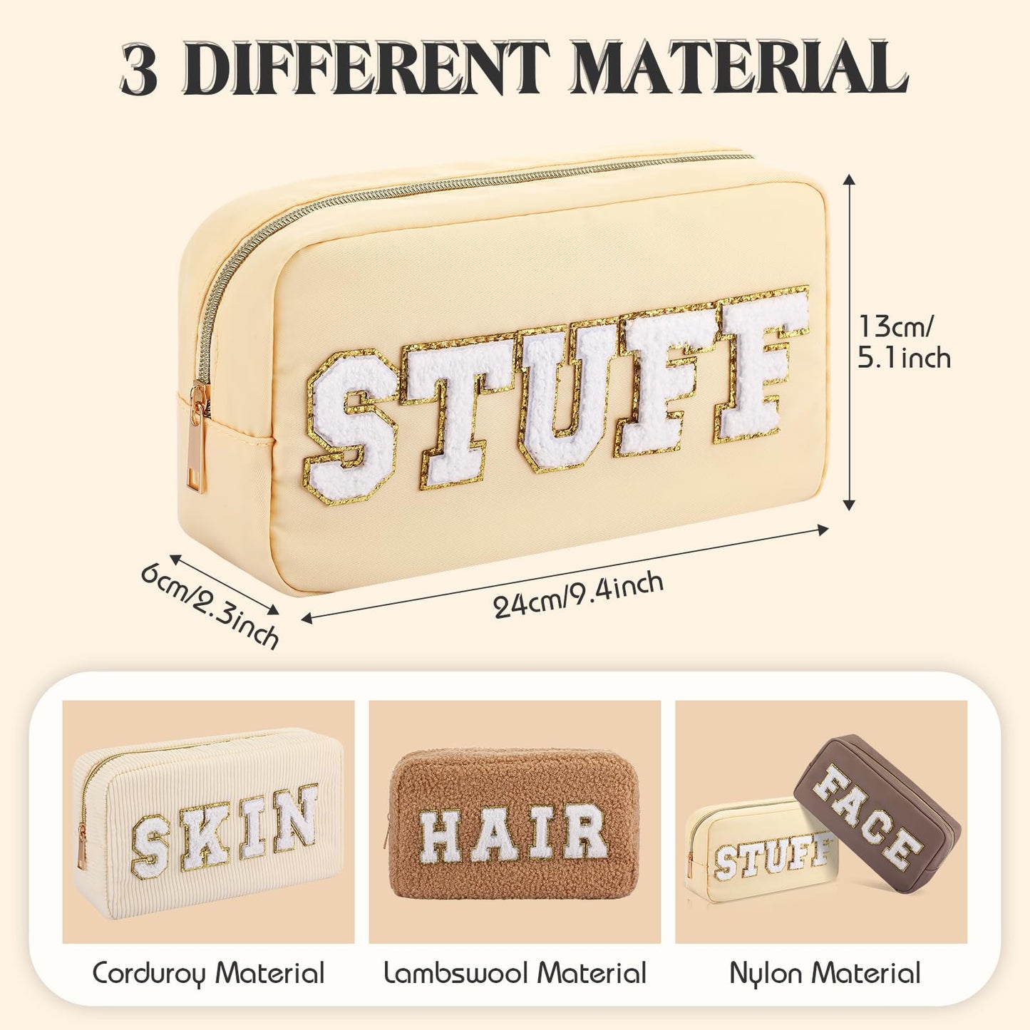 Kajaia 4 Pcs Preppy Makeup Bags Chenille Letter Bag Hair Face Skin Stuff Cosmetic Pouch Cases for Women Travel Toiletry Spend The Night(Beige, Brown, Milk White, Coffee,Fresh)