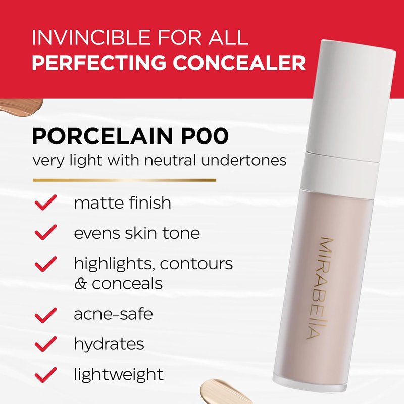 Mirabella Invincible Under Eye Concealer - Full Coverage Hydrating Makeup for Dark Circles & Fine Lines | Porcelain P00