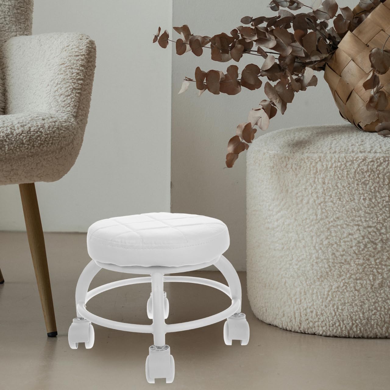 Healeved Rolling Beauty Stool with Swivel Wheels Pu Cushioned Seat Small Round Manicure Stool for Pedicure Spa Massage Salon Chair 10.24X13.39X10.24 Inches