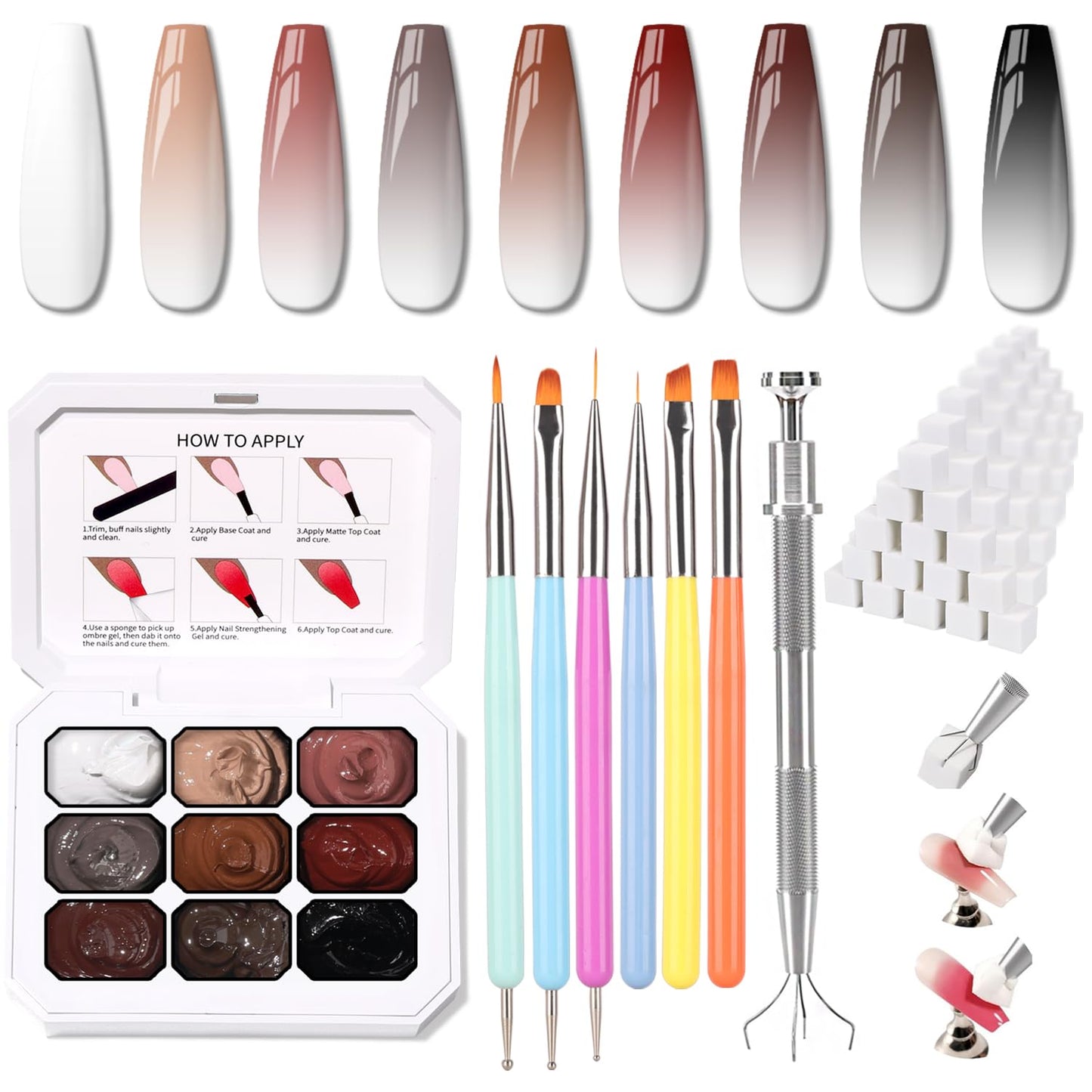 Ombre Nail Gel Set - 9 Colors Sponge Pat Paint for Floral Nail Art, No Wipe, UV/LED Curing