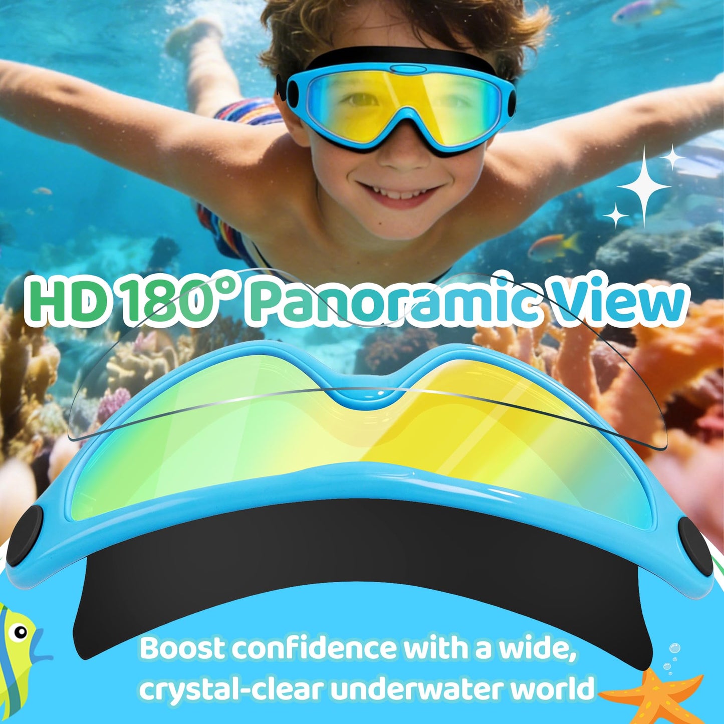 Vvinca Kids Swim Goggles for Boys Girls Age 3-15, Soft Wave-Shape Strap (No Hair Pulling), 180° Wide View Anti Fog/UV Waterproof Swimming Goggles, Leak Free Silicone Pool Goggle for Toddler Youth
