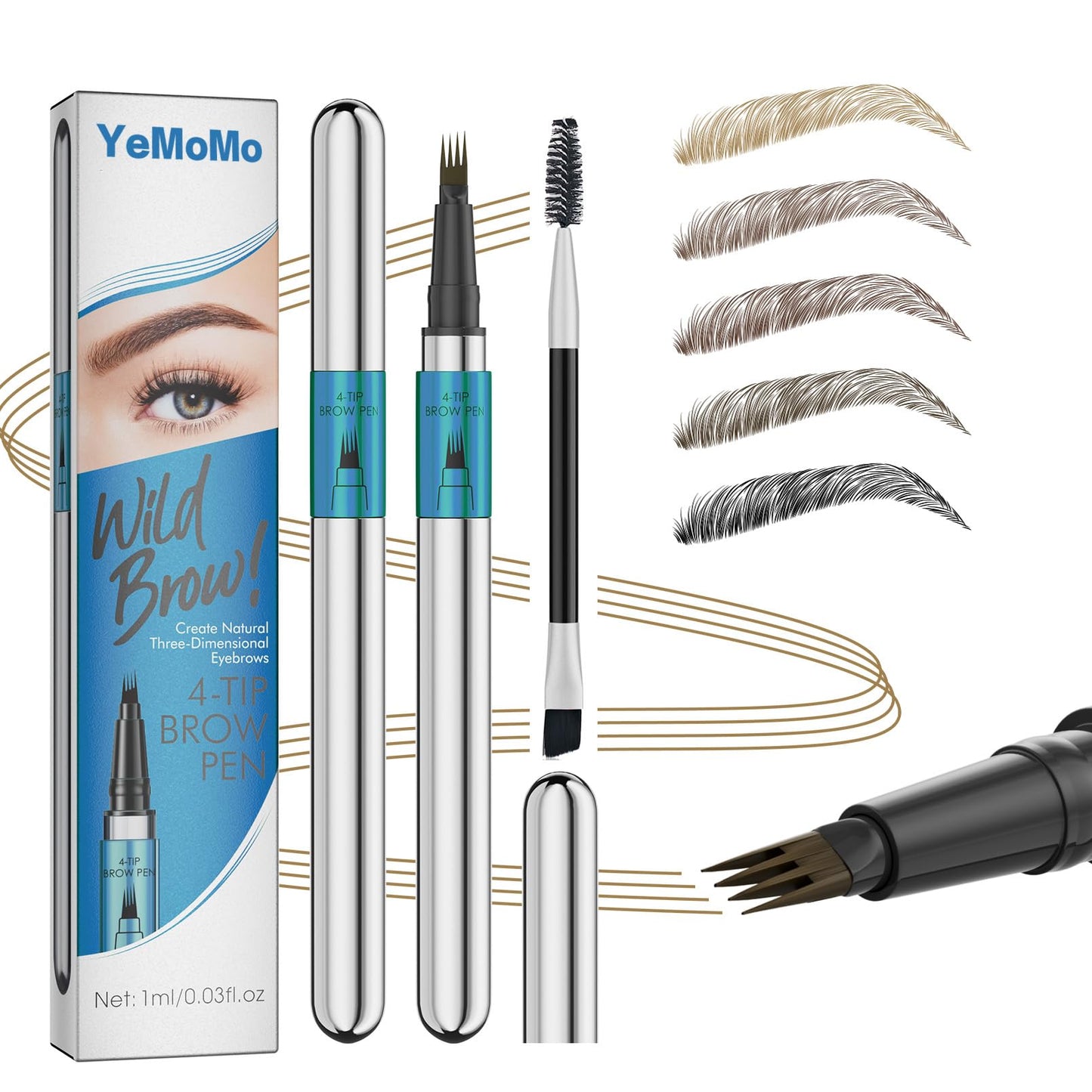 YeMoMo Wild Brows 4-Tip Eyebrow Pen, Natural Three-Dimensional Look, Non-Drying Formula, 5 Color Options, 1ml/0.03fl.oz (2#Brown)