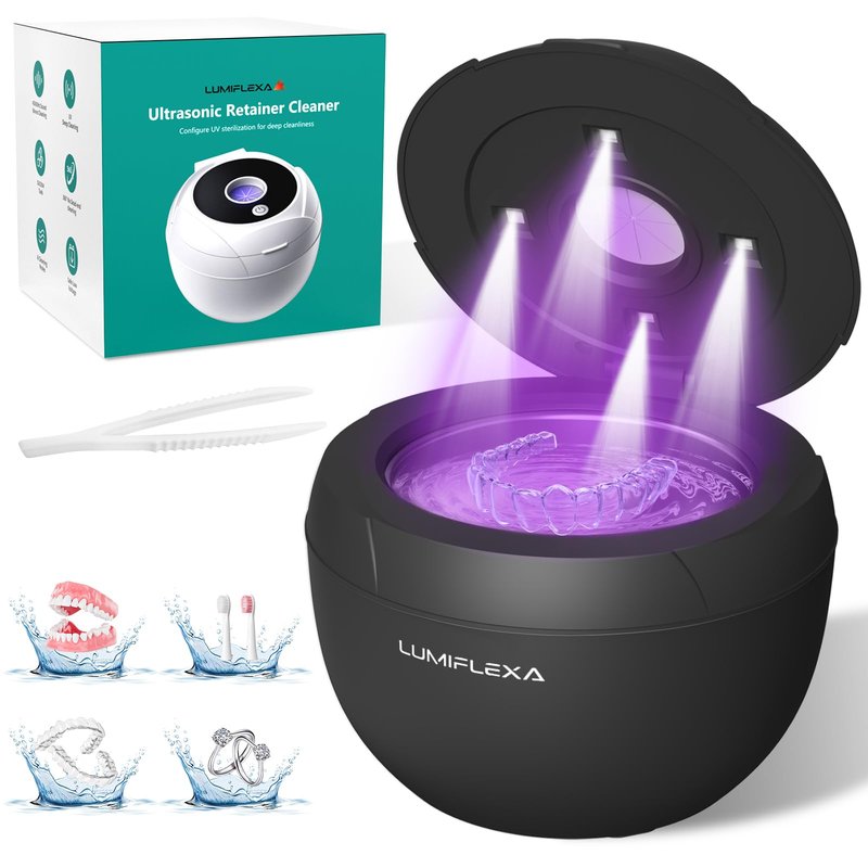 Lumiflexa Ultrasonic Retainer Cleaner-45kHz Retainer Cleaner Machine,4 Modes Ultrasonic Cleaner for Dentures, Aligners,Mouth Guards, Braces,Toothbrush,Jewelry-200ML Dental Pod(Black)