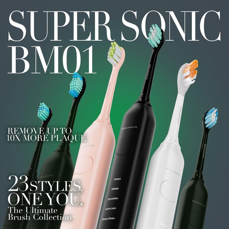 Brushmo Super Sonic Electric Toothbrush with 4 Replacement Heads - Rechargeable Electronic Tooth Brush for Adults with 5 Customizable Modes - IPX7 Waterproof & Long-Lasting Battery - Black