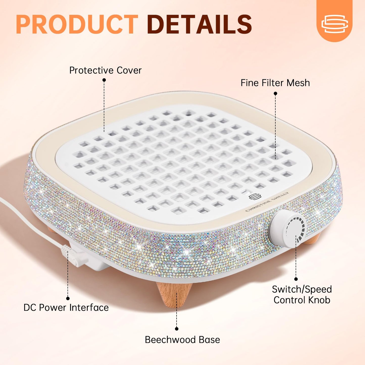 CHRISTINE SHELLY Nail Dust Collector, Mini Bling Crystal Diamond Compact 6000RPM Powerful Vacuum Fan Vent Dust Collector Extractor Dust Suction Machine for Acrylic Nails Polishing, Fast Charging