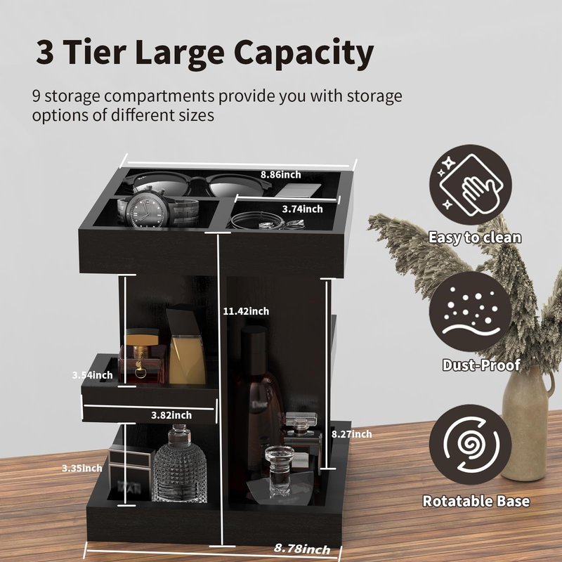 Cologne Organizer for Men with Metal Base, 360° Rotating Perfume Stand Heavy Duty, 3 Tier Wooden Cologne Shelf, Large Capacity Fragrance Display for Bathroom Dresser, Smooth Swivel Bearing (Black)