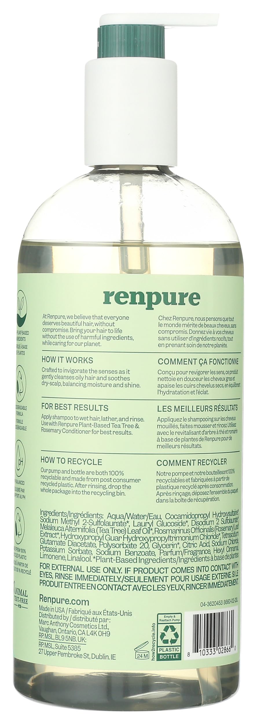 Renpure Plant Based Tea Tree and Rosemary Refresh and Rebalance Shampoo - Soothes Dry Scalp - Delivers Moisture and Shine - Rids Hair of Grime - Dye Free - Recyclable, Pump Bottle Design - 24 fl oz