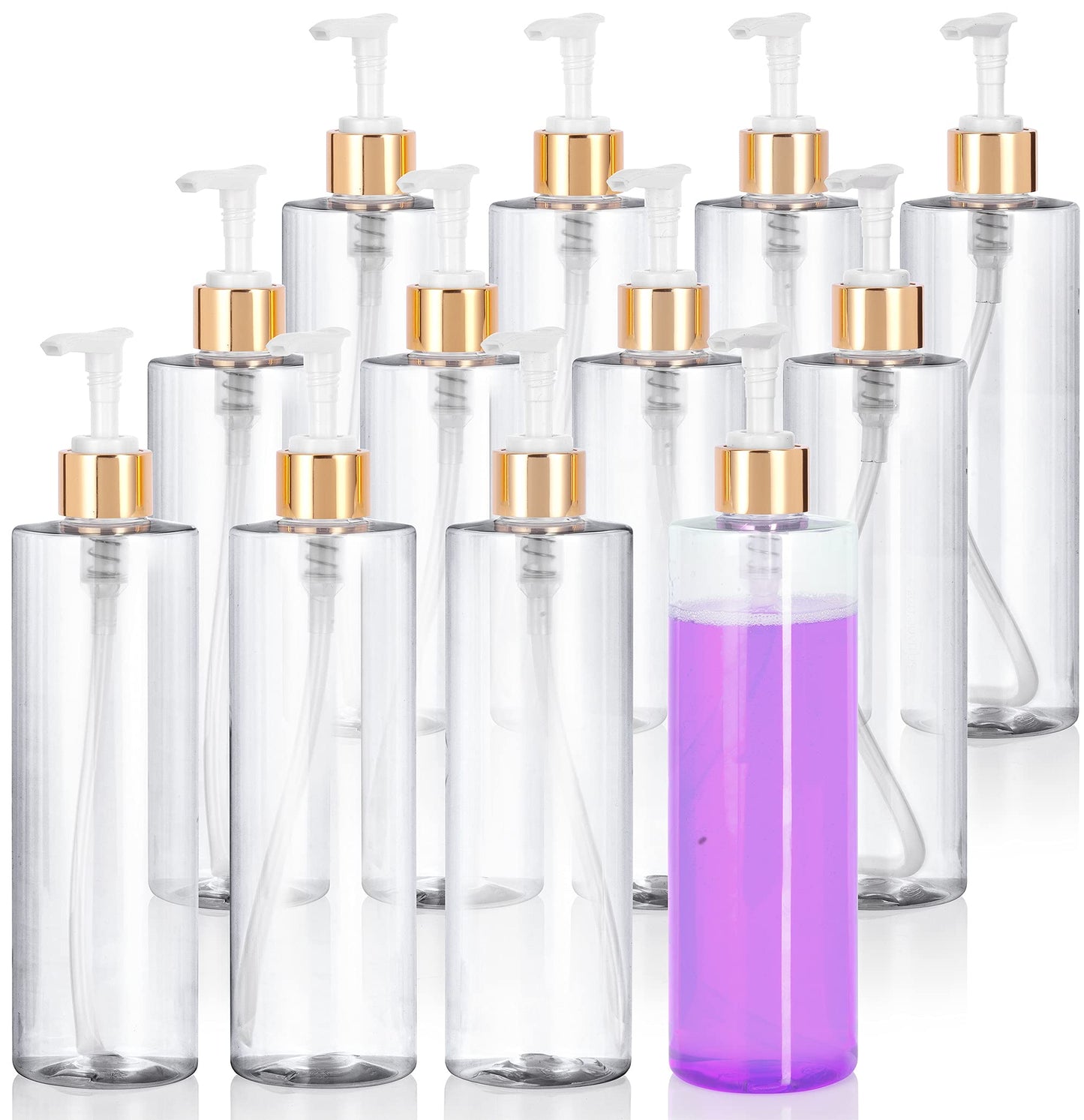JUVITUS 16 oz / 500 ml Clear Professional Cylinder PET Plastic Bottles with Gold Lotion Pump (12 pack)