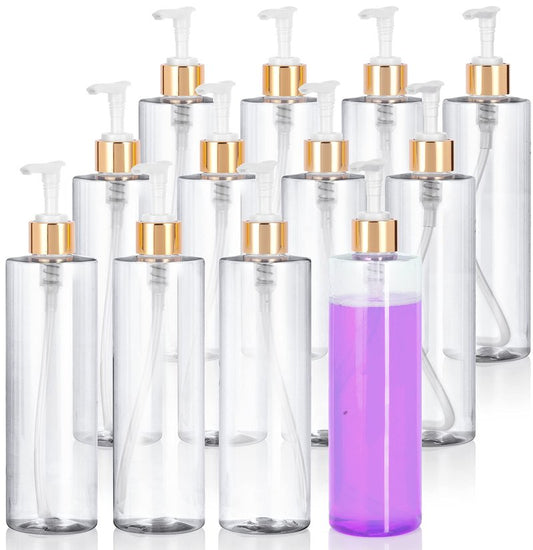 JUVITUS 16 oz / 500 ml Clear Professional Cylinder PET Plastic Bottles with Gold Lotion Pump (12 pack)