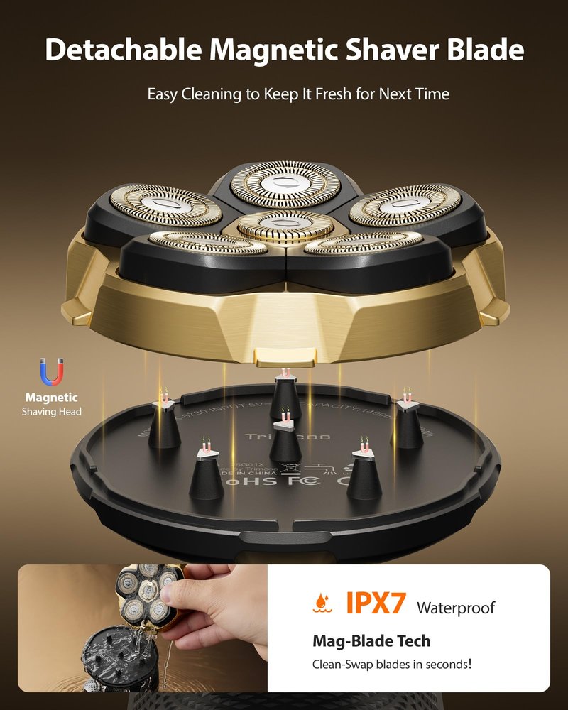 2026 NEW Head Shaver for Bald Men - Trimcoo 5-in-1 Magnetic Electric Trimmer with Titanium Blades | Gentle on Sensitive Scalp | IPX7 Waterproof, Powerful 8500 RPM, USB-C Charge & LED Display (Gold)