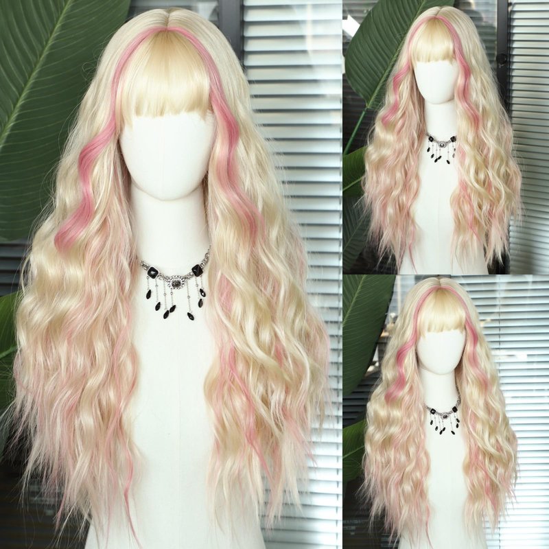 SAPPHIREWIGS Blonde Wig with Bangs Long Loose Wavy Wig Highlight Pink Hair Synthetic Heat Resistant Fiber Hair for Women Daily Party Use 26inch