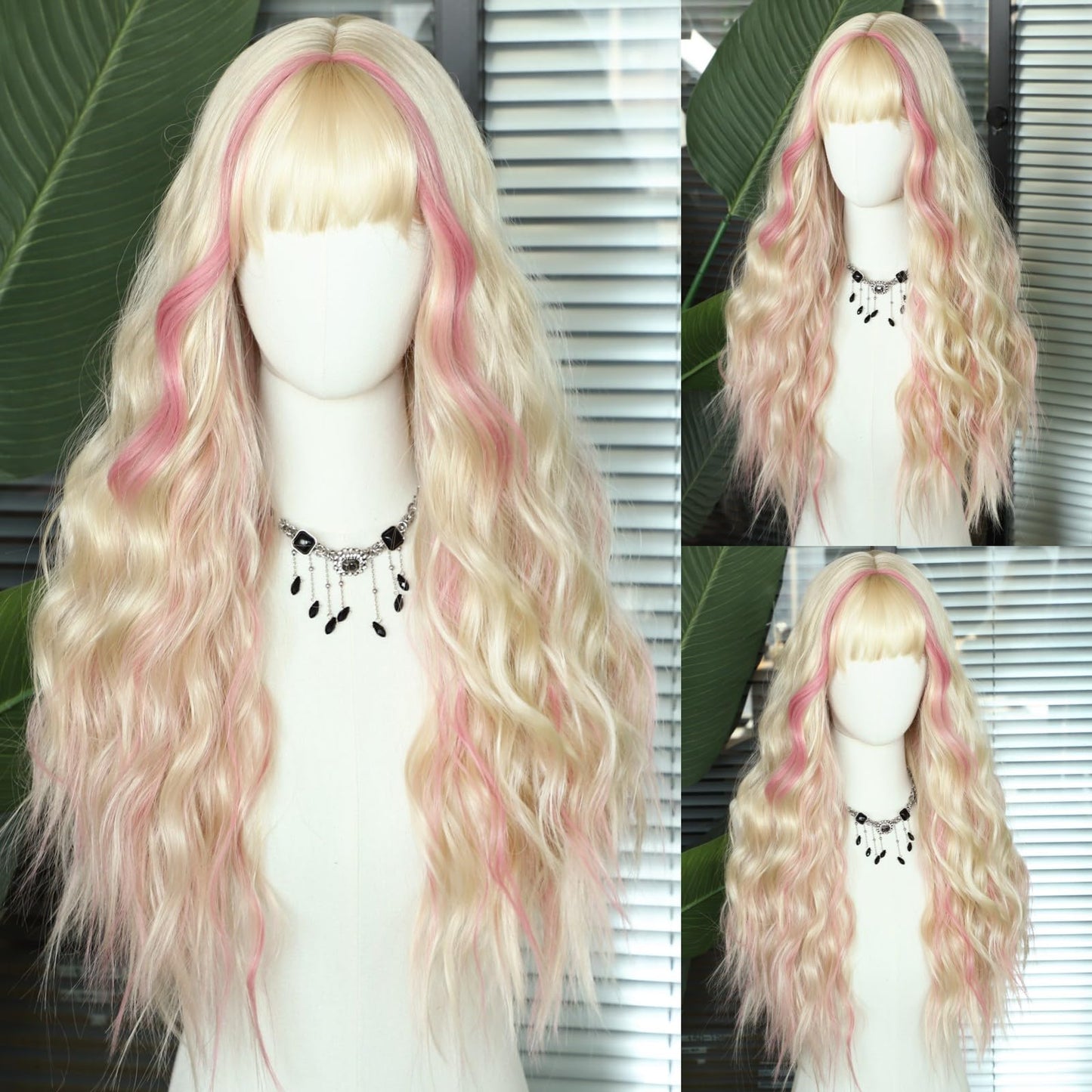 SAPPHIREWIGS Blonde Wig with Bangs Long Loose Wavy Wig Highlight Pink Hair Synthetic Heat Resistant Fiber Hair for Women Daily Party Use 26inch